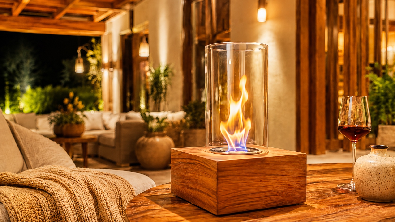 Lareira de mesa artesanal Via Legno em ambiente aconchegante
